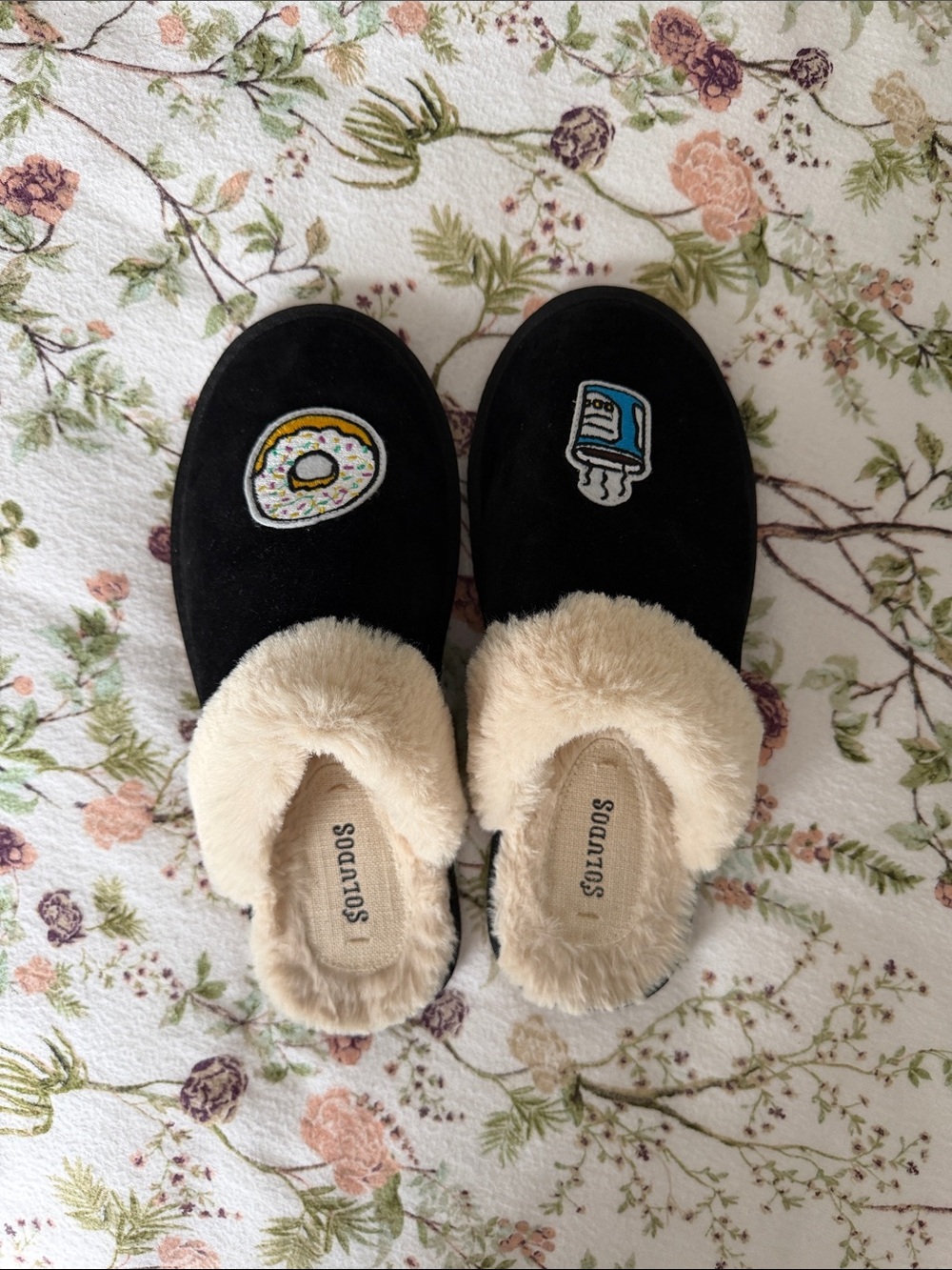 Soludos Black Slip-On Slippers with Cream Faux Fur Trim and Fun Food Patches